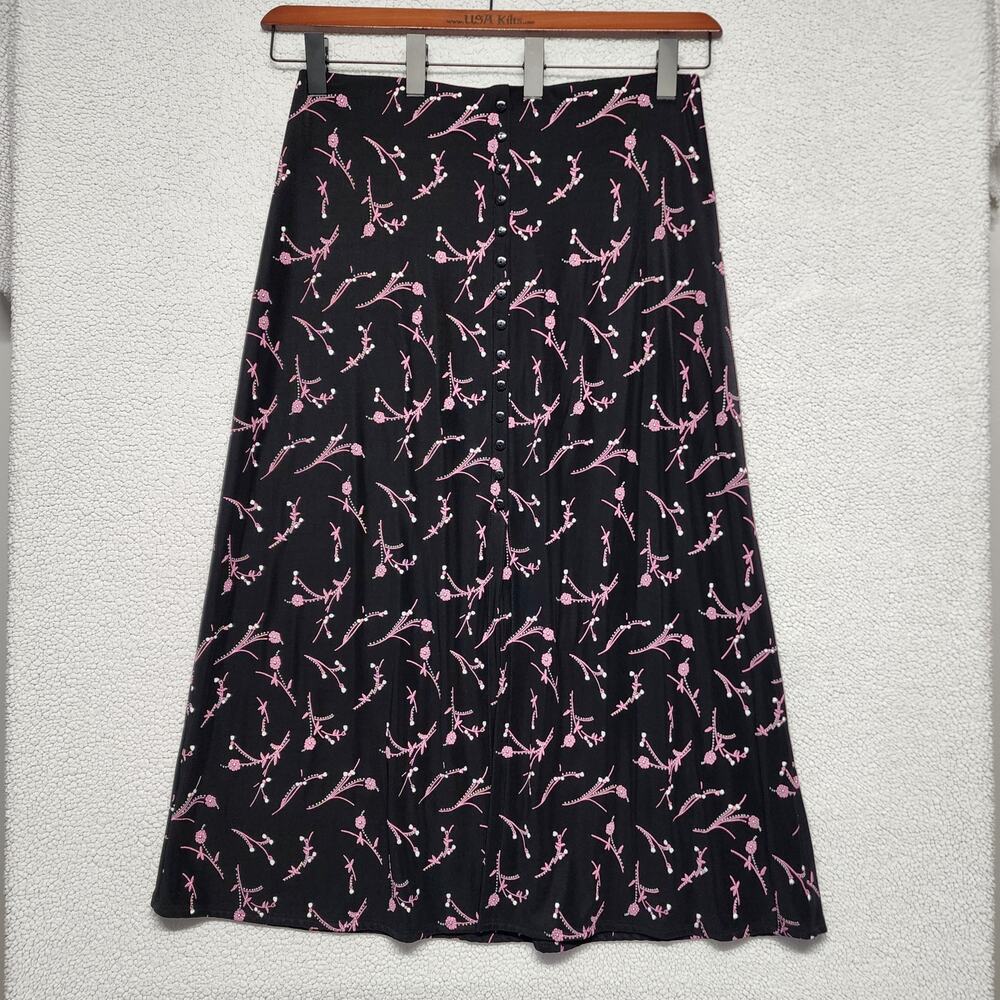 Vintage Dressbarn Womens Dark Floral Maxi Skirt Size 2X Black Pink Slinky Knit